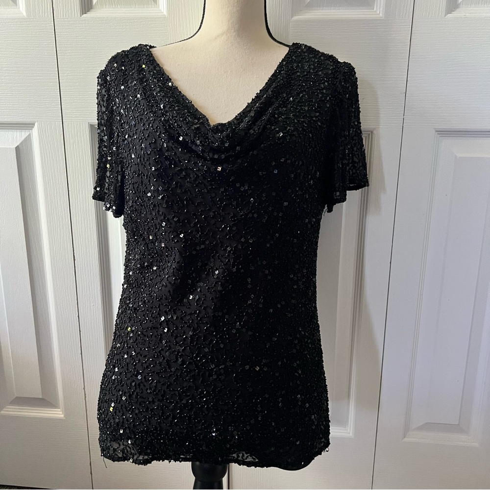Papell Boutique Black Silk Sequin Blouse Size XL